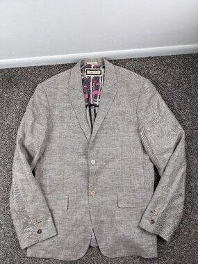 Haupt 100% Linen Sport Coat Metal Buttons Gray Beige 42R